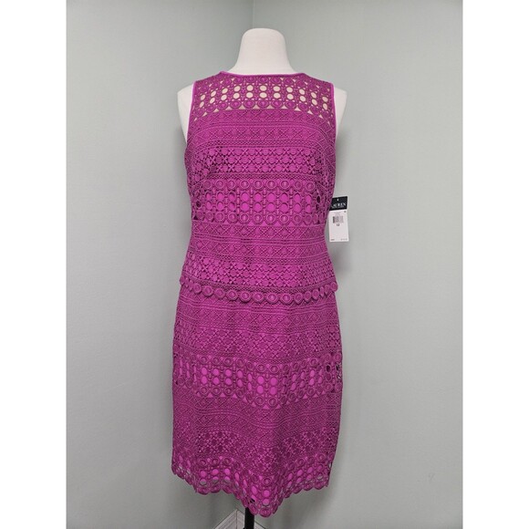 NWT Lauren Ralph Lauren Sheer Yoke Lace Dress in Paradise Pink Sz 12 Black Label - Picture 1 of 7
